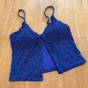 Blackbough MEDIUM Blue Red Heart Print Open Front Bikini Swim Top